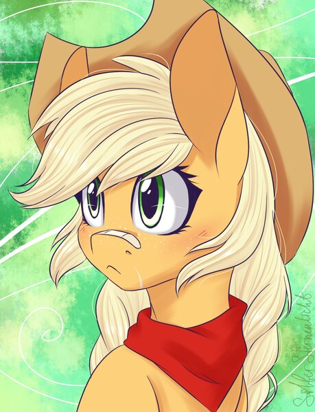 Size: 1300x1700 | Tagged: safe, artist:silbersternenlicht, derpibooru import, applejack, earth pony, pony, alternate hairstyle, bandaid, bandana, blushing, cowboy hat, cute, female, freckles, hat, jackabetes, mare, neckerchief, solo, stetson