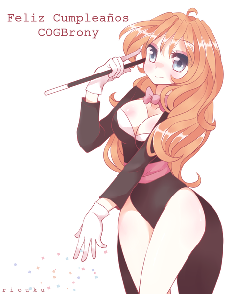 Size: 800x1000 | Tagged: artist:riouku, bowtie, breasts, cleavage, clothes, derpibooru import, female, gloves, human, humanized, humanized oc, leotard, magician outfit, oc, oc:peachy cream, safe, solo, unofficial characters only, wand