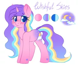 Size: 2840x2407 | Tagged: safe, artist:adostume, derpibooru import, oc, oc:wishful skies, unofficial characters only, pony, unicorn, blushing, female, mare, reference sheet, simple background, solo, starry eyes, white background, wingding eyes