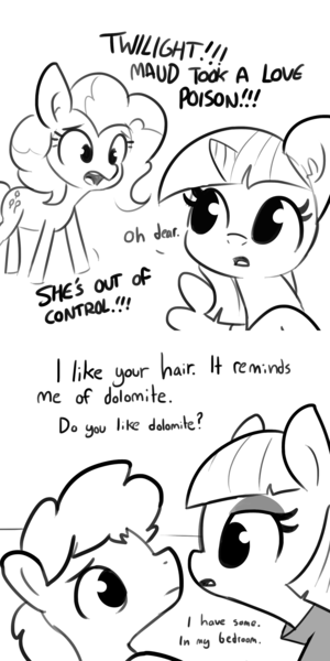 Size: 1650x3300 | Tagged: safe, artist:tjpones, derpibooru import, maud pie, pinkie pie, twilight sparkle, twilight sparkle (alicorn), alicorn, earth pony, pony, comic, dialogue, ear fluff, female, flirting, grayscale, love poison, male, mare, monochrome, simple background, stallion, subtle as a train wreck, white background