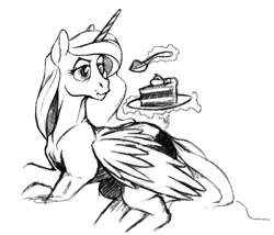 Size: 870x745 | Tagged: safe, artist:skrapbox, derpibooru import, princess luna, alicorn, pony, cake, female, food, grayscale, magic, mare, monochrome, simple background, solo, spoon, telekinesis, white background