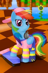 Size: 3495x5243 | Tagged: safe, artist:sergeant16bit, derpibooru import, rainbow dash, absurd resolution, backwards hat, clothes, crossover, green hill zone, image, png, pointy shoes, shorts, skateboard, solo, sonic the hedgehog, sonic the hedgehog (series), sonic the hedgehog ova, sweater