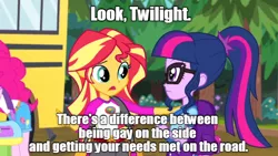 Size: 620x349 | Tagged: suggestive, derpibooru import, pinkie pie, sci-twi, sunset shimmer, twilight sparkle, equestria girls, legend of everfree, bus, camp everfree, camp everfree outfits, glasses, implied lesbian, implied scitwishimmer, implied shipping, looking at each other, team four star, text, two saiyans play