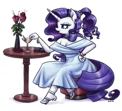 Size: 1280x1174 | Tagged: safe, artist:king-kakapo, derpibooru import, rarity, anthro, unguligrade anthro, unicorn, alcohol, alternate hairstyle, beautiful, breasts, cleavage, clothes, dress, ear piercing, earring, female, flower, glass, high heels, jewelry, mare, piercing, rose, shoes, simple background, sitting, solo, table, unshorn fetlocks, vase, white background, wine, wine glass