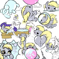 Size: 3000x3000 | Tagged: safe, artist:itsalwayspony, derpibooru import, derpy hooves, fluttershy, rarity, pegasus, pony, box, bubble, bubble butt, bubblegum, cute, female, food, glass, gum, mailmare, mare, plot, rear view, soap bubble, thought bubble, water, wine glass