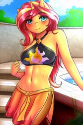 Size: 2000x3000 | Tagged: safe, artist:twistedscarlett60, derpibooru import, sunset shimmer, anthro, unicorn, equestria girls, equestria girls series, forgotten friendship, belly button, bikini, blushing, breasts, clothes, explicit source, female, high res, looking at you, mare, shoulder fluff, smiling, solo, swimming pool, swimsuit, towel, water, wet