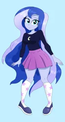 Size: 1740x3264 | Tagged: safe, artist:iyoungsavage, derpibooru import, princess luna, equestria girls, blue background, clothes, cute, female, long hair, looking at you, lunabetes, moe, shoes, simple background, skirt, socks, solo, vice principal luna, younger
