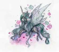 Size: 2349x2057 | Tagged: safe, artist:kimsteinandother, derpibooru import, queen chrysalis, changeling, changeling queen, female, flower, heart, long mane, rose, simple background, solo, traditional art, white background