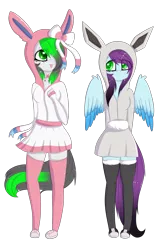 Size: 2139x3204 | Tagged: safe, artist:mimihappy99, derpibooru import, oc, oc:mimi happy, oc:wubsy, unofficial characters only, anthro, earth pony, eevee, pegasus, plantigrade anthro, sylveon, black socks, clothes, cosplay, costume, cute, dress, duo, female, heart eyes, lesbian, mare, oc x oc, outfit, pink socks, pokémon, shiny pokémon, shipping, simple background, socks, transparent background, wingding eyes