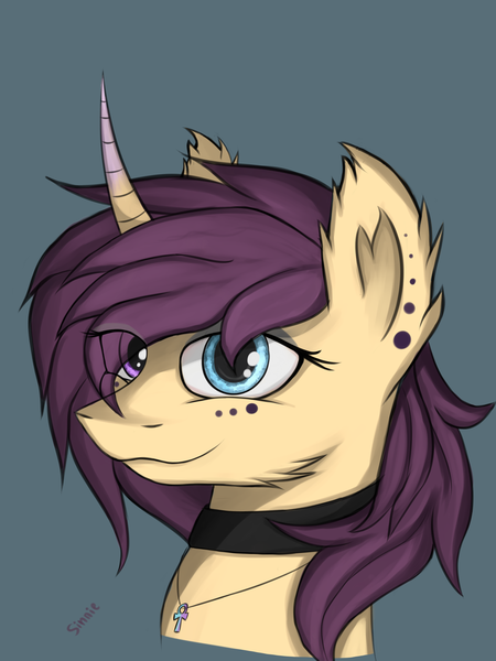 Size: 2124x2832 | Tagged: safe, artist:sinniepony, derpibooru import, oc, pony, unicorn, abstract background, ankh, bust, choker, collar, curved horn, female, heterochromia, mare, piercing, portrait, purple mane, simple background, solo