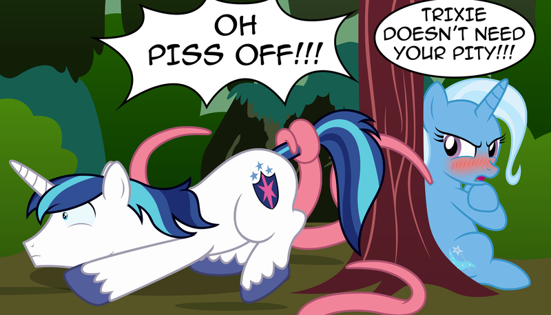 Size: 4460x2550 | Tagged: questionable, artist:badumsquish, derpibooru import, shining armor, trixie, pony, unicorn, angry, assisted exposure, blushing, crossed arms, dialogue, dragging, estrus, face down ass up, female, forest, frown, glare, horny, i've seen enough hentai to know where this is going, male, open mouth, pent up, presenting, prone, pulling, restrained, scowl, show accurate, show accurate porn, sitting, straight, struggling, surprised, tail, tail lift, tail pull, tentacle porn, tentacles, tentacles on male, tree, vulgar, wide eyes, yelling