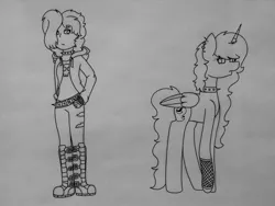 Size: 1600x1200 | Tagged: safe, artist:midnightamber, derpibooru import, oc, oc:midnight, alicorn, human, pony, alicorn oc, belt, boots, choker, clothes, ear piercing, earring, eyebrow piercing, female, goth, hoodie, jeans, jewelry, lineart, mare, pants, piercing, self insert, shoes, sketch, spiked choker, torn clothes, traditional art