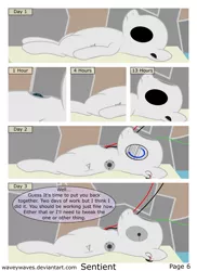 Size: 3840x5280 | Tagged: safe, artist:waveywaves, derpibooru import, oc, oc:joule, unofficial characters only, pony, robot, robot pony, comic:sentient, comic