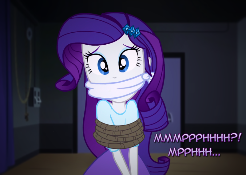 Size: 1070x760 | Tagged: semi-grimdark, artist:snakeythingy, derpibooru import, rarity, equestria girls, bondage, bound and gagged, cloth gag, damsel in distress, dialogue, gag, looking at you, manip, muffled words, peril, photomanipulation, rope, rope bondage, story included, tied up