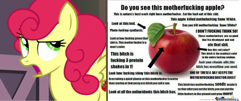 Size: 1170x492 | Tagged: safe, derpibooru import, edit, screencap, strawberry sunrise, pegasus, pony, apple, cute, extreme advertising, eyes closed, female, food, image macro, implied applejack, mare, meme, open mouth, photo manipulation, photomanipulation, text, that pony sure does love apples, unamused, vulgar