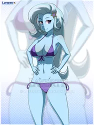 Size: 675x900 | Tagged: suggestive, artist:layerth, derpibooru import, trixie, equestria girls, absolute cleavage, armpits, bikini, breasts, busty trixie, cleavage, clothes, female, hairpin, looking at you, solo, solo female, swimsuit, watermark