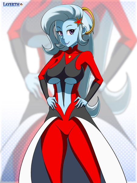 Size: 675x900 | Tagged: safe, artist:layerth, derpibooru import, trixie, equestria girls, breasts, dragon ball, dragon ball xenoverse, dragon ball z, female, hairpin, halo, looking at you, makeup, solo, towa, underboob