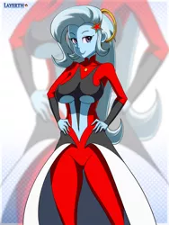 Size: 675x900 | Tagged: safe, artist:layerth, derpibooru import, trixie, equestria girls, breasts, dragon ball, dragon ball xenoverse, dragon ball z, female, hairpin, halo, looking at you, makeup, solo, towa, underboob