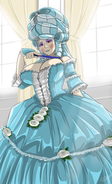 Size: 3417x5610 | Tagged: artist:shonuff44, big breasts, breasts, busty trixie, cleavage, clothes, derpibooru import, dress, female, gown, human, humanized, looking at you, powdered wig, smiling, solo, solo female, suggestive, trixie