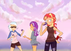 Size: 3897x2829 | Tagged: safe, artist:noahther, derpibooru import, starlight glimmer, sunset shimmer, trixie, human, equestria girls, blushing, clothes, cloud, counterparts, drink, female, hoodie, human coloration, humanized, jeans, pants, shirt, shorts, sky, smiling, soda, summer, sunglasses, t-shirt, tanktop, trio, twilight's counterparts