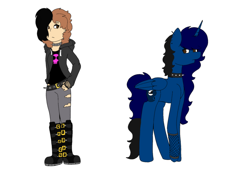 Size: 1600x1200 | Tagged: safe, artist:icey-wicey-1517, artist:midnightamber, derpibooru import, oc, oc:midnight, alicorn, human, pony, alicorn oc, belt, boots, choker, clothes, colored, dyed hair, dyed mane, ear piercing, earring, eyebrow piercing, female, goth, hoodie, jeans, jewelry, mare, pants, piercing, self insert, shoes, simple background, spiked choker, torn clothes, transparent background