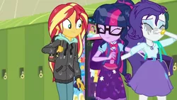 Size: 1280x720 | Tagged: safe, derpibooru import, screencap, rarity, sci-twi, sunset shimmer, twilight sparkle, eqg summertime shorts, equestria girls, monday blues, geode of shielding, geode of telekinesis, magical geodes, wet