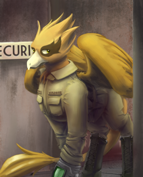 Size: 540x669 | Tagged: safe, artist:blvckmagic, derpibooru import, oc, oc:shady night, gryphon, fallout equestria, griffon oc, military uniform, pipbuck