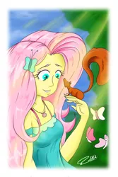 Size: 1024x1536 | Tagged: safe, artist:albertbm, derpibooru import, fluttershy, butterfly, human, squirrel, equestria girls, equestria girls series, eyeshadow, female, magical geodes, makeup, solo