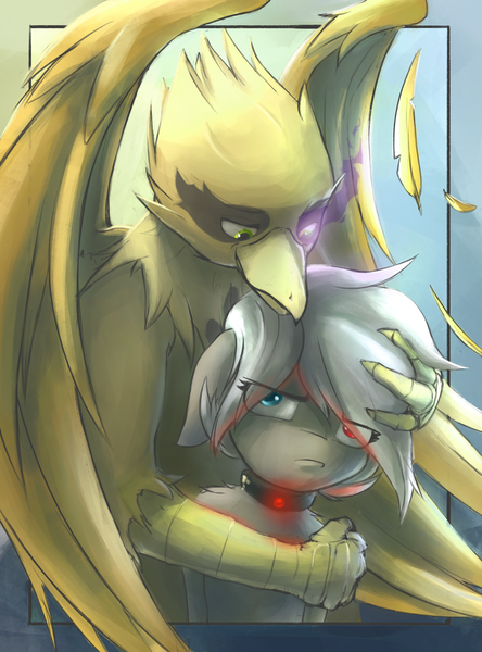 Size: 2118x2864 | Tagged: safe, artist:blvckmagic, derpibooru import, oc, oc:cella, oc:shady night, unofficial characters only, gryphon, pony, cedy, cuddling, duo, feather, female, male, mare, pouting