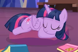 Size: 2361x1589 | Tagged: safe, artist:shutterflyeqd, derpibooru import, twilight sparkle, twilight sparkle (alicorn), alicorn, pony, book, cute, daaaaaaaaaaaw, eyes closed, female, mare, pillow, sleeping, solo, that pony sure does love books, twiabetes, twilight's castle