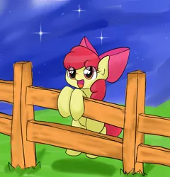 Size: 983x1024 | Tagged: safe, artist:up_p_ab, derpibooru import, apple bloom, earth pony, pony, bow, female, fence, filly, foal, happy, image, jpeg, night, solo, starry sky, stars