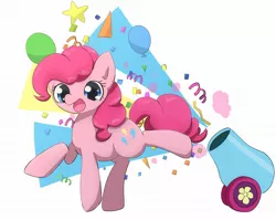 Size: 2048x1629 | Tagged: safe, artist:up_p_ab, derpibooru import, pinkie pie, earth pony, pony, balloon, confetti, female, looking at you, mare, party cannon, solo