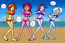 Size: 3918x2608 | Tagged: safe, artist:pariahexilewrath, derpibooru import, gloriosa daisy, starlight glimmer, sunset shimmer, trixie, equestria girls, barefoot, belly button, bikini, clothes, counterparts, feet, midriff, sneezing, swimsuit, twilight's counterparts