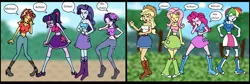 Size: 3356x1123 | Tagged: safe, artist:pariahexilewrath, derpibooru import, applejack, fluttershy, pinkie pie, rainbow dash, rarity, sci-twi, starlight glimmer, sunset shimmer, twilight sparkle, equestria girls, beanie, belly button, belt, boots, clothes, comic, compression shorts, cowboy hat, denim skirt, hat, humane five, humane seven, humane six, mary janes, midriff, ripped pants, shoes, short shirt, shorts, skirt, sneezing, socks, stetson, tanktop, tube top