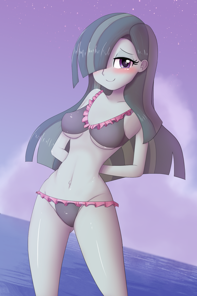 Size: 1280x1920 | Tagged: suggestive, artist:zelc-face, derpibooru import, marble pie, equestria girls, adorasexy, arm behind back, beach babe, bedroom eyes, belly button, bicolor swimsuit, bikini, bikini babe, blushing, breasts, clothes, commission, cute, equestria girls-ified, female, frilled swimsuit, gray swimsuit, hair, hair over one eye, lidded eyes, long hair, marblebetes, sexy, smiling, solo, solo female, swimsuit, underboob, water, zelc-face's swimsuits