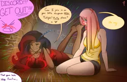 Size: 4200x2700 | Tagged: suggestive, artist:l-pastellepink-l, derpibooru import, discord, fluttershy, human, blushing, breasts, clothes, dialogue, discoshy, eris, erishy, female, half r63 shipping, horned humanization, humanized, implied rarity, implied twilight sparkle, lesbian, rule 63, shipping, smiling, speech bubble, tanktop