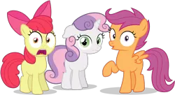 Size: 5600x3050 | Tagged: safe, artist:tomfraggle, derpibooru import, apple bloom, scootaloo, sweetie belle, earth pony, pegasus, pony, unicorn, absurd resolution, bow, cutie mark crusaders, female, filly, hair bow, looking at you, raised hoof, simple background, surprised, transparent background, trio, vector