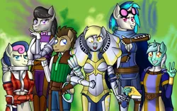 Size: 1900x1200 | Tagged: anthro, armor, artist:syforcewindlight, bon bon, cape, clothes, crossed arms, derpibooru import, derpy hooves, doctor whooves, fantasy class, fire emblem, fire emblem: awakening, group, knight, lyra heartstrings, octavia melody, peace sign, safe, scarf, smiling, sweetie drops, time turner, vinyl scratch, warrior