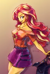 Size: 1377x2039 | Tagged: safe, artist:oberon826, derpibooru import, sunset shimmer, human, equestria girls, equestria girls series, clothes, female, jacket, jewelry, leather jacket, looking at you, necklace, shirt, skirt, smiling, smirk, windswept mane