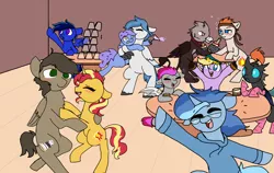 Size: 1900x1200 | Tagged: safe, artist:nootaz, derpibooru import, sunset shimmer, oc, oc:brisk, oc:conicaw, oc:magmatic, bat pony, changeling, earth pony, gryphon, hippogriff, pegasus, pony, unicorn, bar, blushing, canon x oc, clothes, commission, drunk, drunker shimmer, fixed, hhh, hoodie, socks