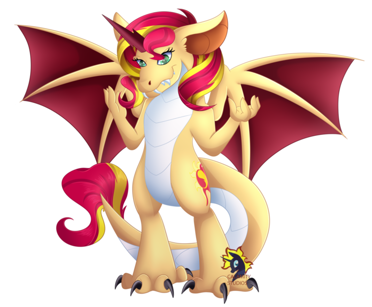 Size: 1024x844 | Tagged: artist:calamity-studios, derpibooru import, dragon, dragonified, female, looking at you, safe, simple background, solo, species swap, sunset dragon, sunset shimmer, transparent background, watermark