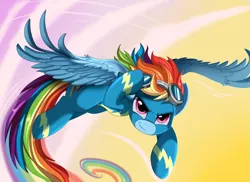 Size: 2494x1816 | Tagged: safe, artist:pridark, derpibooru import, rainbow dash, pony, art, awesome, clothes, commission, female, flying, goggles, looking at you, mare, multicolored hair, smiling, solo, uniform, wonderbolts uniform