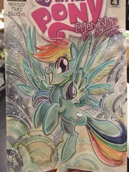 Size: 1536x2048 | Tagged: safe, artist:sararichard, derpibooru import, rainbow dash, pegasus, pony, female, looking at you, mare, my little pony logo, solo, traditional art