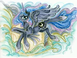 Size: 3568x2668 | Tagged: safe, artist:sararichard, derpibooru import, princess luna, alicorn, pony, crown, female, flying, jewelry, looking at you, mare, regalia, traditional art, watercolor painting