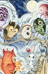 Size: 1031x1575 | Tagged: angel bunny, artist:sararichard, barn owl, candy, derpibooru import, food, ladder, lollipop, looking at you, male, moon, owl, owlowiscious, rabbit, safe, spoiler:comic, spoiler:comic54, tootsie pop, traditional art, tree