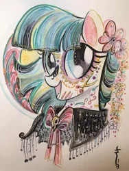 Size: 1536x2048 | Tagged: safe, artist:sararichard, derpibooru import, coco pommel, pony, bowtie, dia de los muertos, female, flower, looking at you, makeup, mare, solo, traditional art