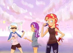 Size: 3897x2829 | Tagged: artist:noahther, blushing, clothes, cloud, counterparts, derpibooru import, drink, edit, hoodie, human, humanized, jeans, pants, safe, shorts, sky, smiling, starlight glimmer, summer, sunglasses, sunset shimmer, super mario bros., trixie, twilight's counterparts