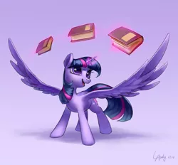 Size: 2380x2207 | Tagged: safe, artist:luciferamon, derpibooru import, twilight sparkle, twilight sparkle (alicorn), alicorn, pony, book, female, glowing horn, gradient background, horn, levitation, magic, magic aura, mare, shadow, signature, smiling, solo, spread wings, telekinesis, wings