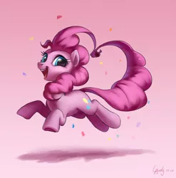 Size: 2380x2407 | Tagged: safe, artist:luciferamon, derpibooru import, pinkie pie, earth pony, pony, confetti, cute, diapinkes, female, gradient background, happy, jumping, looking at you, mare, open mouth, ponk, shadow, signature, smiling, solo, underhoof