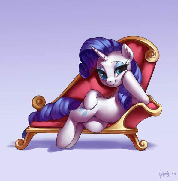 Size: 2380x2407 | Tagged: safe, artist:luciferamon, derpibooru import, rarity, pony, unicorn, couch, cute, draw me like one of your french girls, fainting couch, female, gradient background, horn, looking at you, mare, raribetes, shadow, signature, smiling, solo